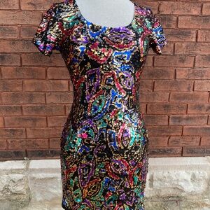VTG Black Tie by Oleg Cassini Short Sleeve Sequin Beaded Mini Dress Women’s 8